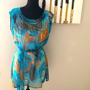NWOT AGB brand sheer top aqua, orange with chain necklace detailing with belt